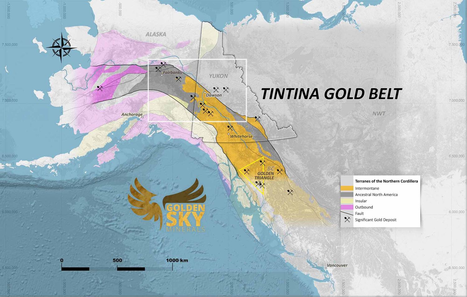 Regional locator map of Golden Sky Minerals' property portfolio